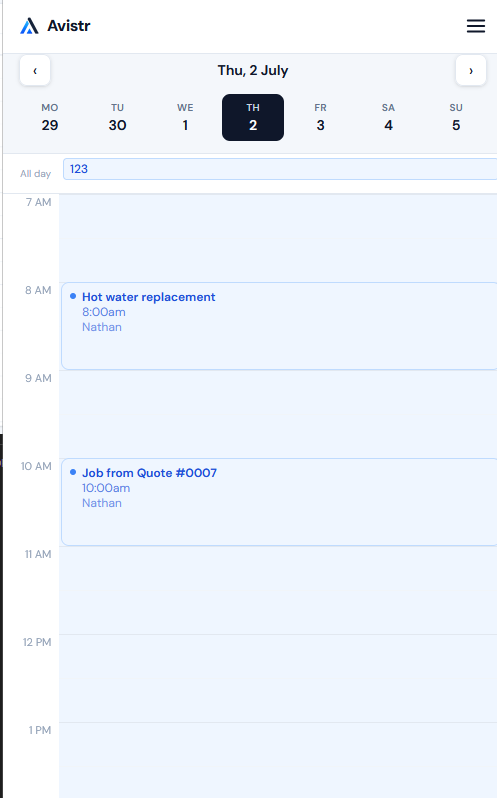 Avistr calendar on mobile showing the week view