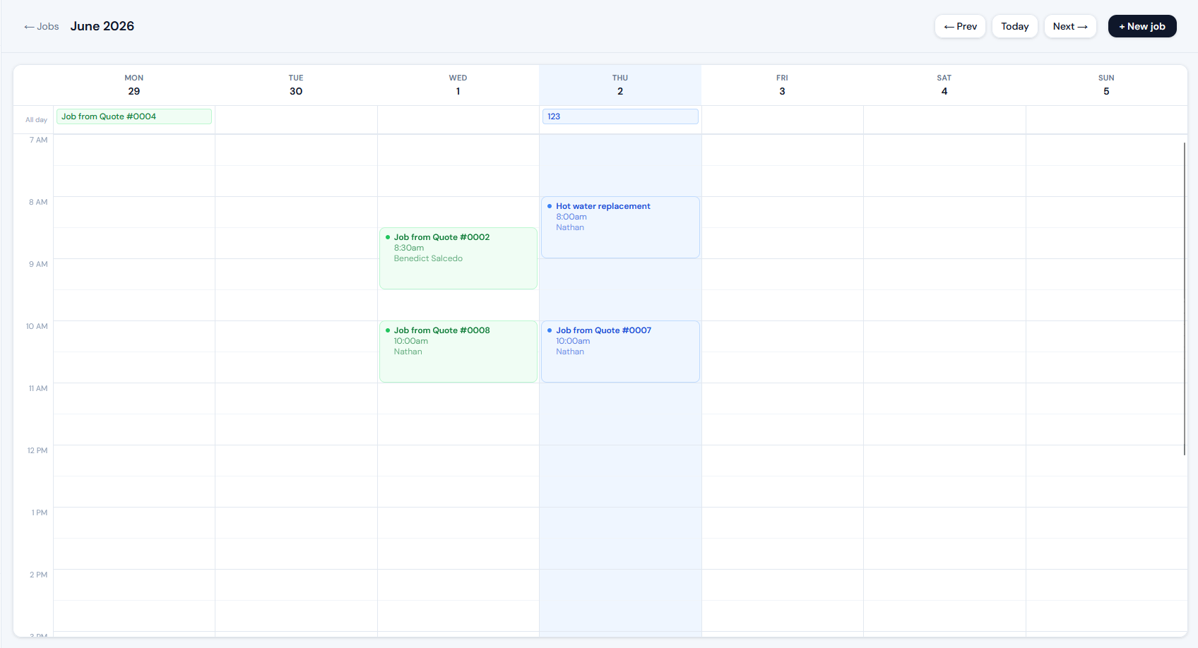 Avistr calendar showing the week view with colour coded jobs