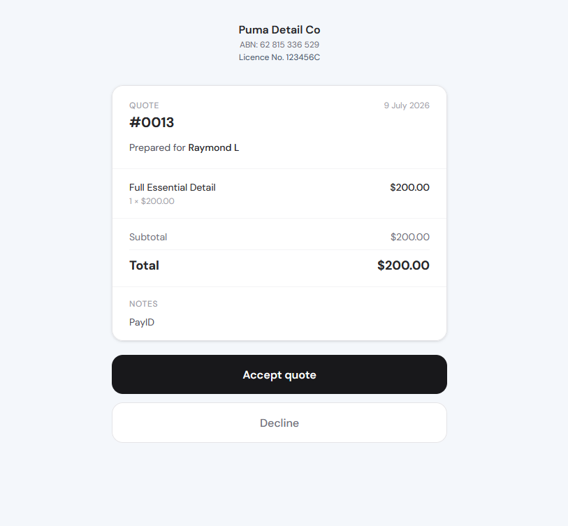 Avistr public quote acceptance page on mobile
