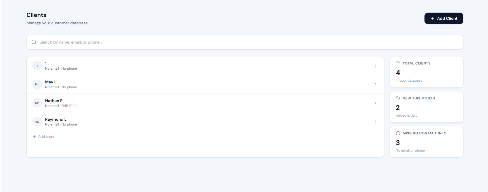 Avistr add client screen