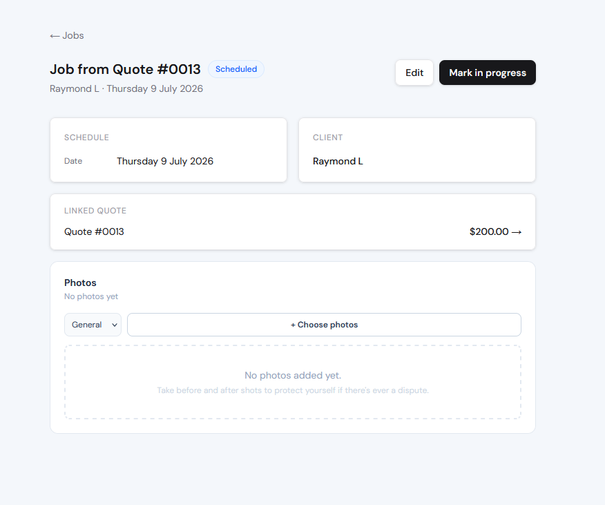Avistr job detail screen showing photos and status