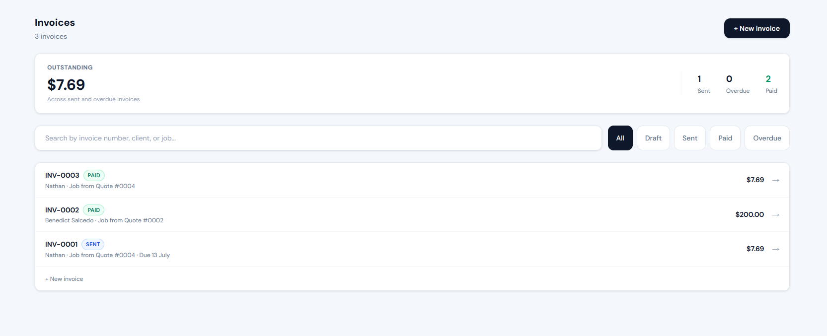 Avistr invoices dashboard showing outstanding invoices and payment status