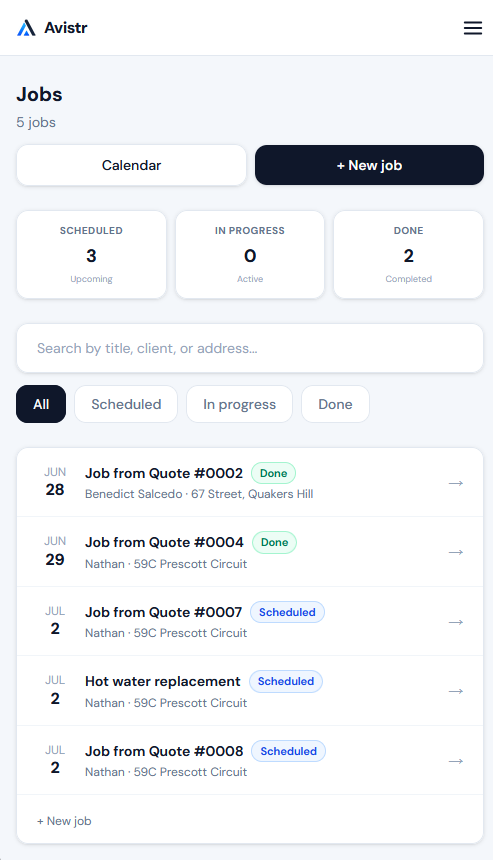 Avistr jobs screen on mobile