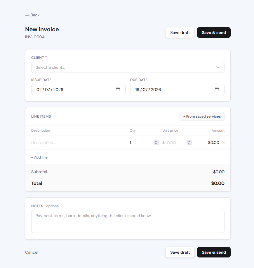 Avistr new invoice form with line items pre-filled