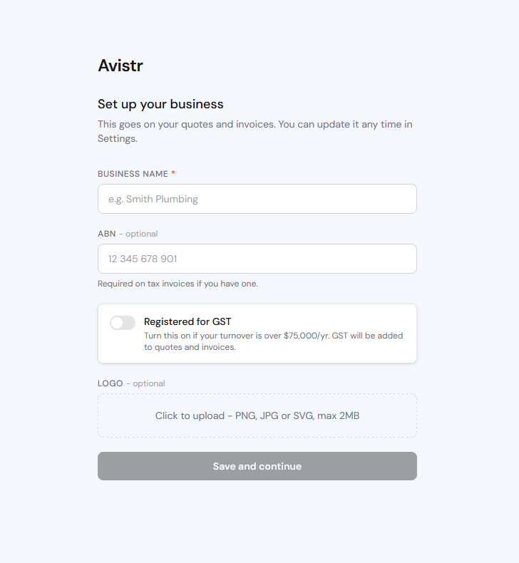 Avistr signup and settings screen